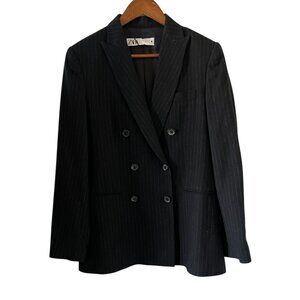 ZARA Wool Blend Double Breast Pinstripe Blazer In Black Size M